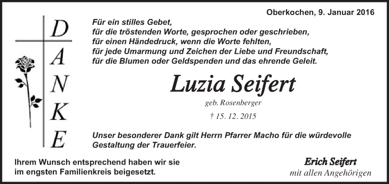  Traueranzeige für Luzia Seifert vom 09.01.2016 aus Schwäbische Post