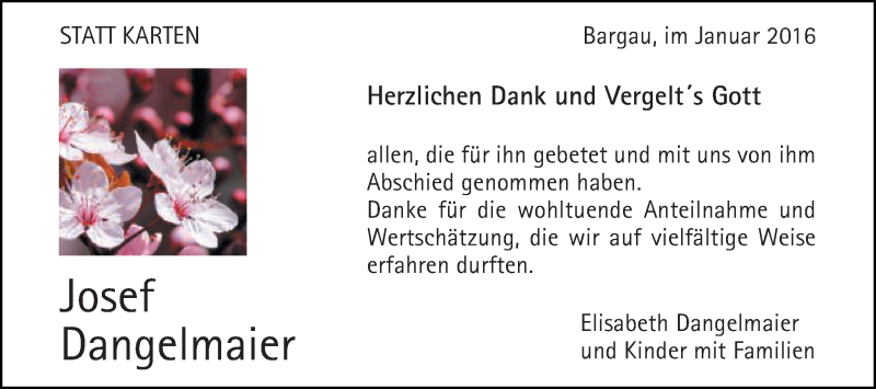  Traueranzeige für Josef Dangelmaier vom 04.01.2016 aus Gmünder Tagespost