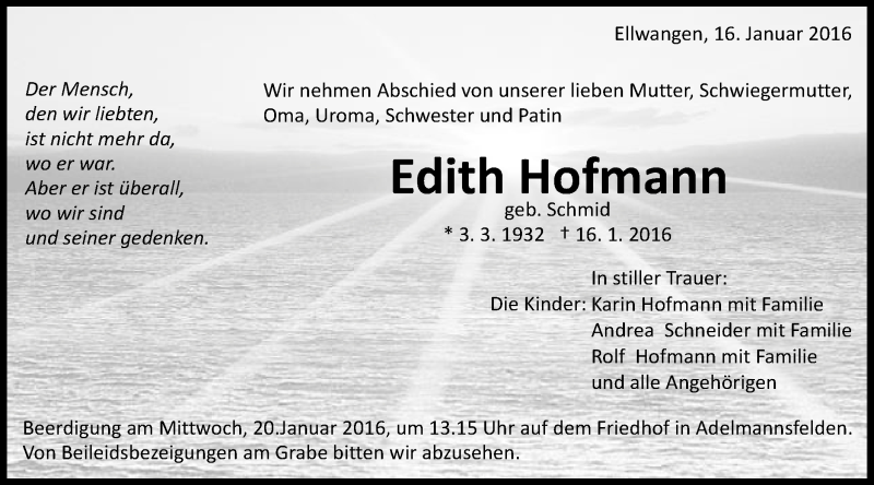  Traueranzeige für Edith Hofmann vom 18.01.2016 aus Schwäbische Post