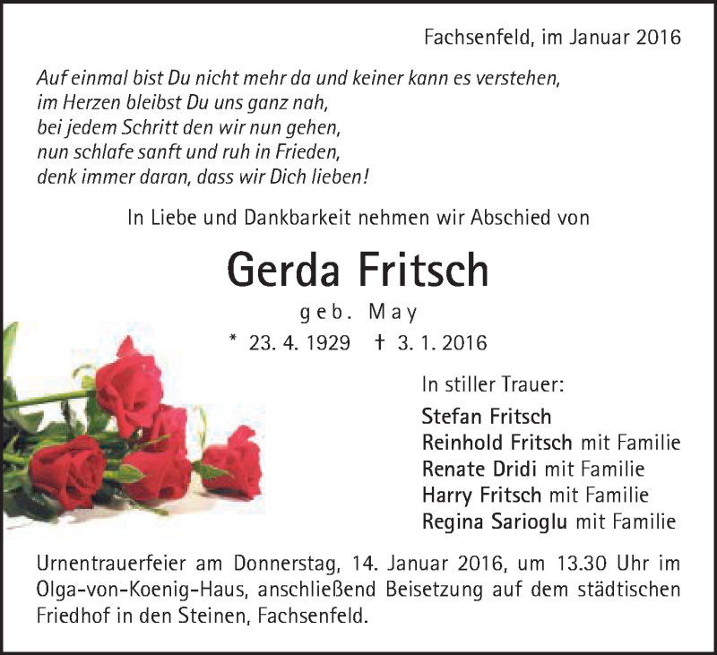  Traueranzeige für Gerda Fritsch vom 11.01.2016 aus Schwäbische Post