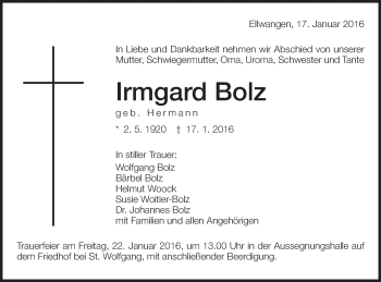 Traueranzeige von Irmgard Bolz von Schwäbische Post