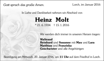 Traueranzeige von Heinz Molt von Gmünder Tagespost