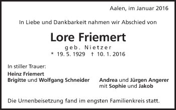 Traueranzeige von Lore Friemert von Schwäbische Post