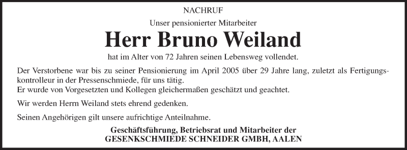  Traueranzeige für Bruno Weiland vom 15.01.2016 aus Schwäbische Post