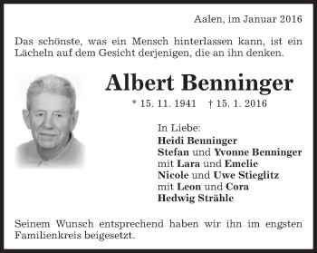 Traueranzeige von Albert Benninger von Schwäbische Post