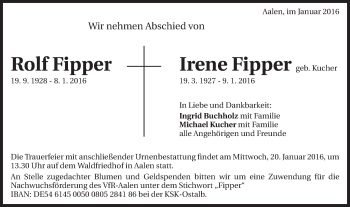 Traueranzeige von Rolf und Irene Fipper von Schwäbische Post