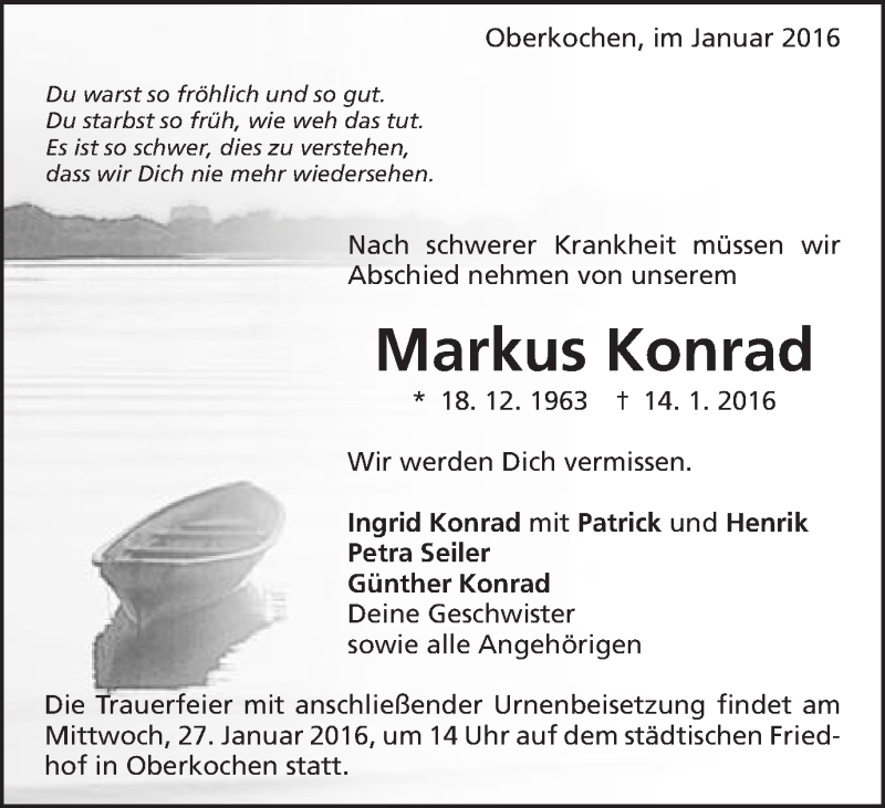  Traueranzeige für Markus Konrad vom 23.01.2016 aus Schwäbische Post