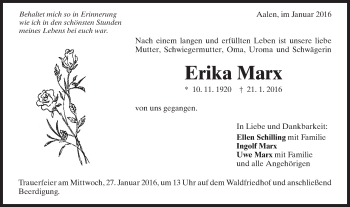 Traueranzeige von Erika Marx von Schwäbische Post