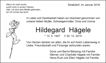 Traueranzeige von Hildegard Hägele von Gmünder Tagespost