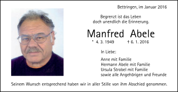 Traueranzeige von Manfred Abele von Gmünder Tagespost