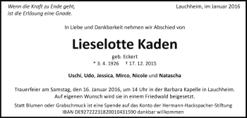 Traueranzeige von Lieselotte Kaden von Schwäbische Post