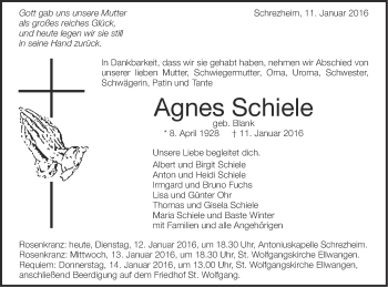Traueranzeige von Agnes Schiele von Schwäbische Post