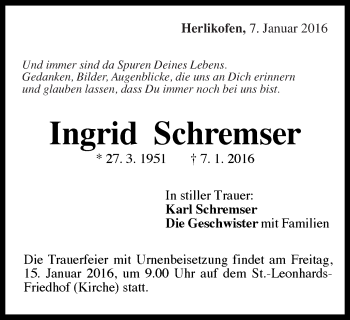 Traueranzeige von Ingrid Schremser von Gmünder Tagespost