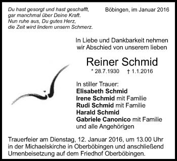 Traueranzeige von Reiner Schmid von Gmünder Tagespost