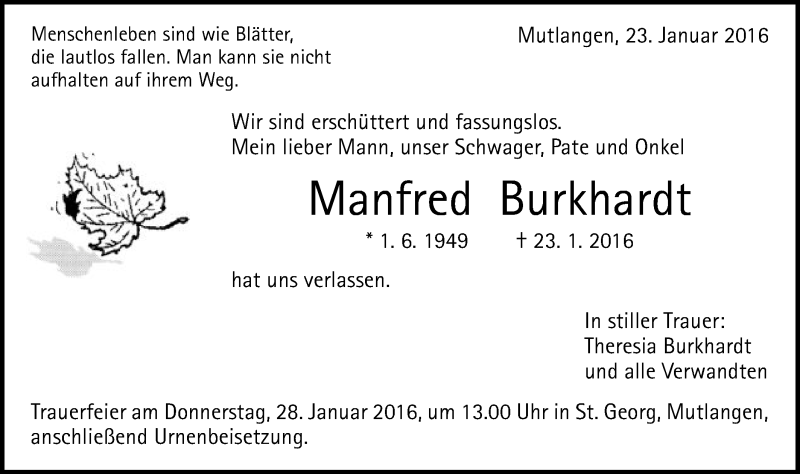  Traueranzeige für Manfred Burkhardt vom 25.01.2016 aus Gmünder Tagespost