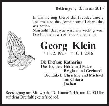Traueranzeige von Georg Klein von Gmünder Tagespost
