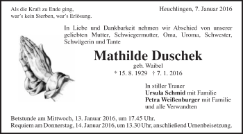 Traueranzeige von Mathilde Duschek von Gmünder Tagespost