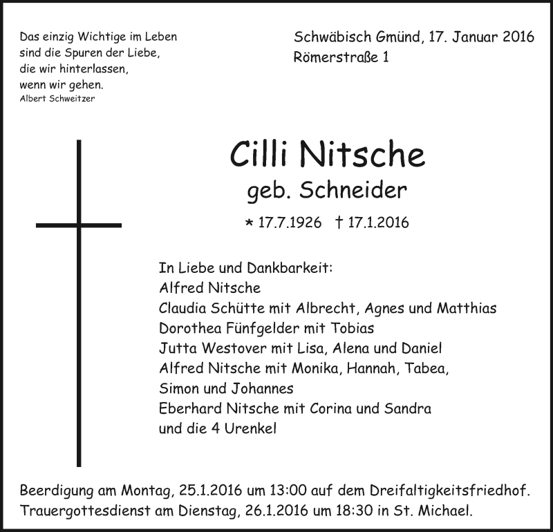  Traueranzeige für Cilli Nitsche vom 21.01.2016 aus Gmünder Tagespost