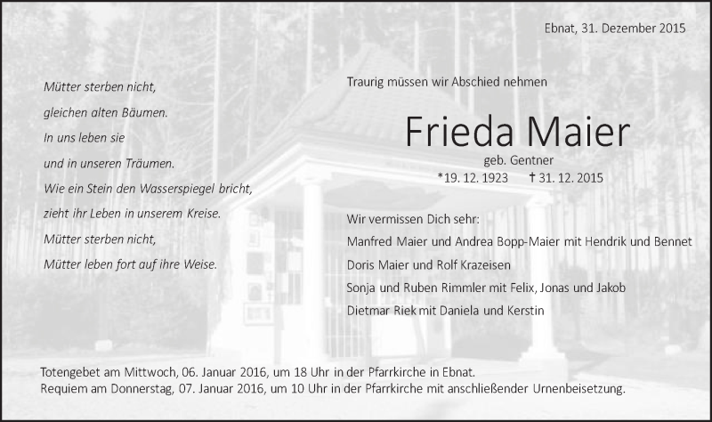  Traueranzeige für Frieda Maier vom 02.01.2016 aus Schwäbische Post