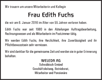 Traueranzeige von Edith Fuchs von Gmünder Tagespost