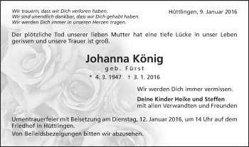 Traueranzeige von Johanna König von Schwäbische Post