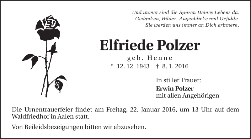  Traueranzeige für Elfriede Polzer vom 20.01.2016 aus Schwäbische Post