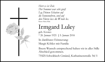 Traueranzeige von Irmgard Luley von Gmünder Tagespost