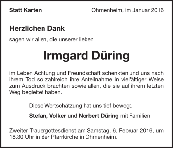 Traueranzeige von Irmgard Düring von Schwäbische Post