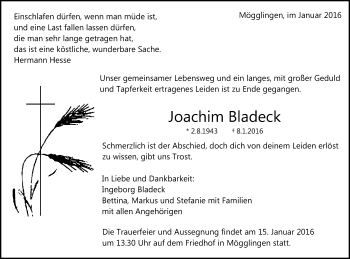 Traueranzeige von Joachim Bladeck von Gmünder Tagespost