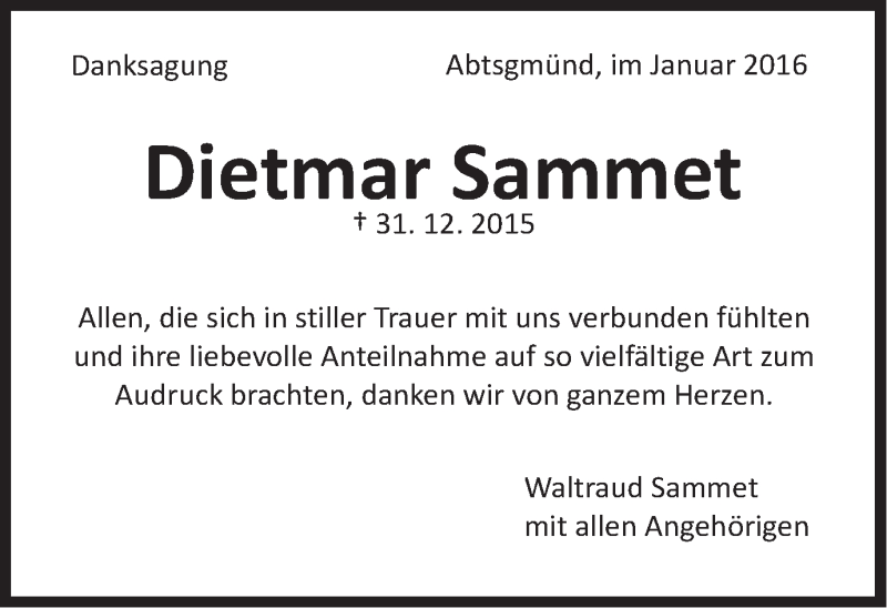  Traueranzeige für Dietmar Sammet vom 23.01.2016 aus Schwäbische Post