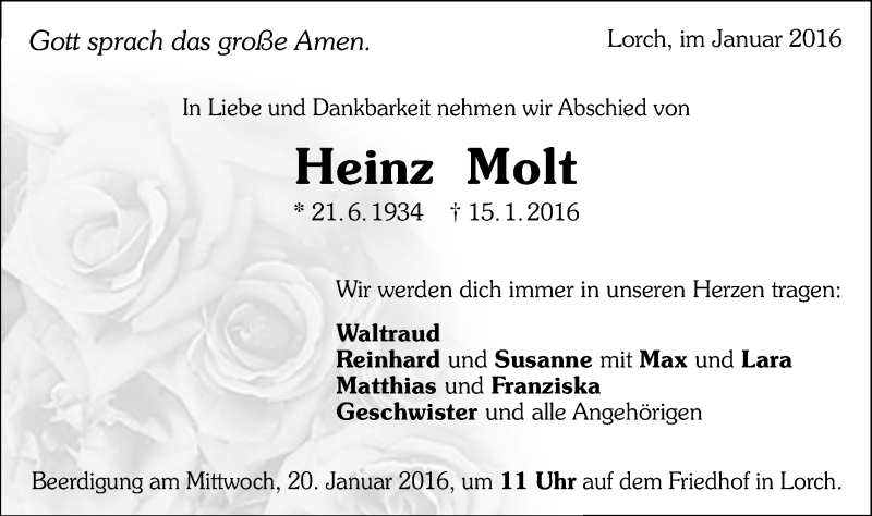  Traueranzeige für Heinz Molt vom 18.01.2016 aus Gmünder Tagespost