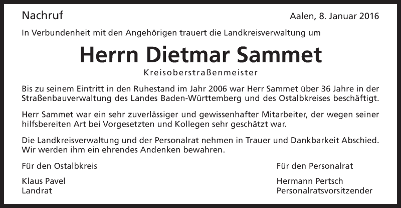  Traueranzeige für Dietmar Sammet vom 08.01.2016 aus Schwäbische Post