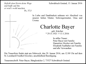 Traueranzeige von Charlotte Bayer von Gmünder Tagespost