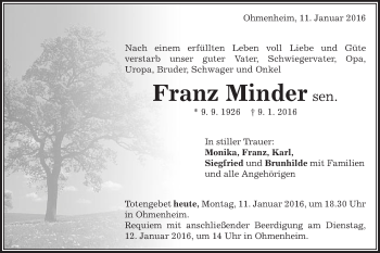 Traueranzeige von Franz Minder von Schwäbische Post