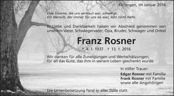 Traueranzeige von Franz Rosner von Schwäbische Post