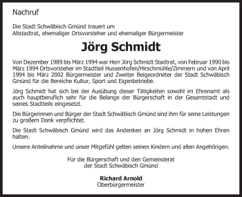 Traueranzeige von Jörg Schmidt von Gmünder Tagespost