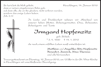 Traueranzeige von Irmgard Hopfenzitz von Gmünder Tagespost