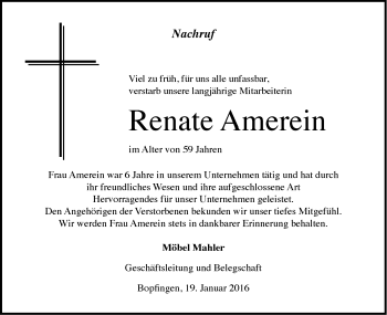 Traueranzeige von Renate Amerein von Schwäbische Post