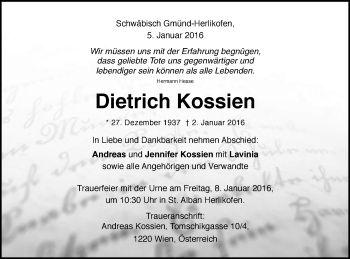 Traueranzeige von Dietrich Kossien von Gmünder Tagespost