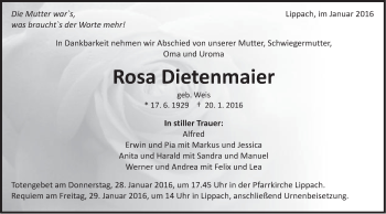 Traueranzeige von Rosa Dietenmaier von Schwäbische Post