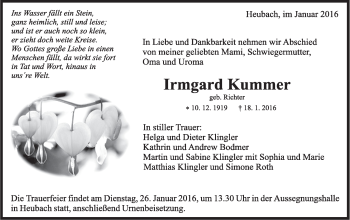Traueranzeige von Irmgard Kummer von Gmünder Tagespost