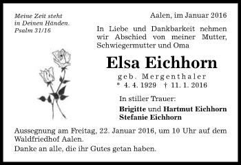 Traueranzeige von Elsa Eichhorn von Schwäbische Post