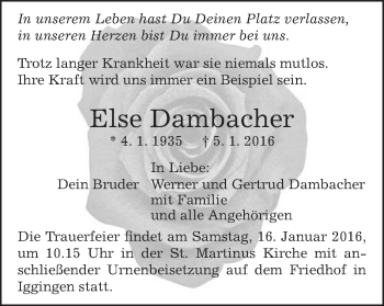 Traueranzeige von Else Dambacher von Gmünder Tagespost