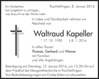 Traueranzeige von Waltraud Kapeller von Schwäbische Post
