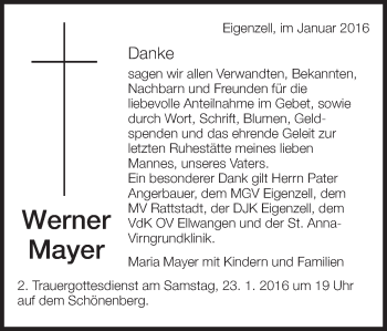 Traueranzeige von Werner Mayer von Schwäbische Post