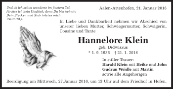 Traueranzeige von Hannelore Klein von Schwäbische Post