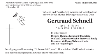 Traueranzeige von Gertraud Schnell von Schwäbische Post