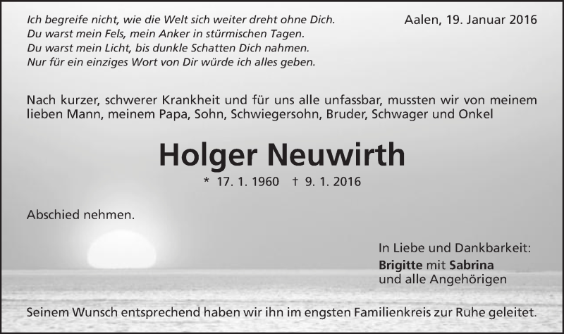  Traueranzeige für Holger Neuwirth vom 19.01.2016 aus Schwäbische Post