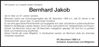 Traueranzeige von Bernhard Jakob von Schwäbische Post