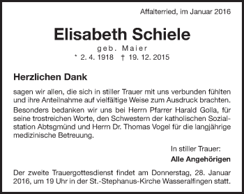 Traueranzeige von Elisabeth Schiele von Schwäbische Post